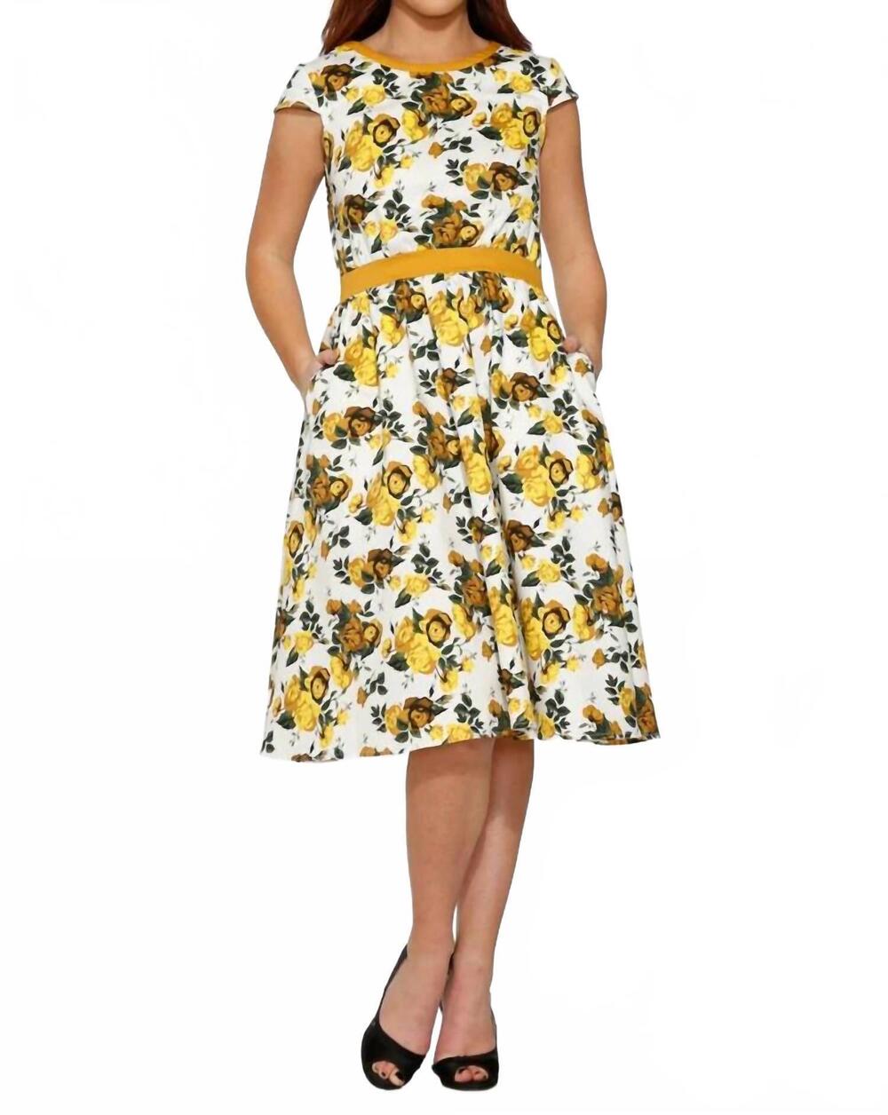 NEW ORCHID BLOOM cap sleeves midi dress in white with yellow floral
